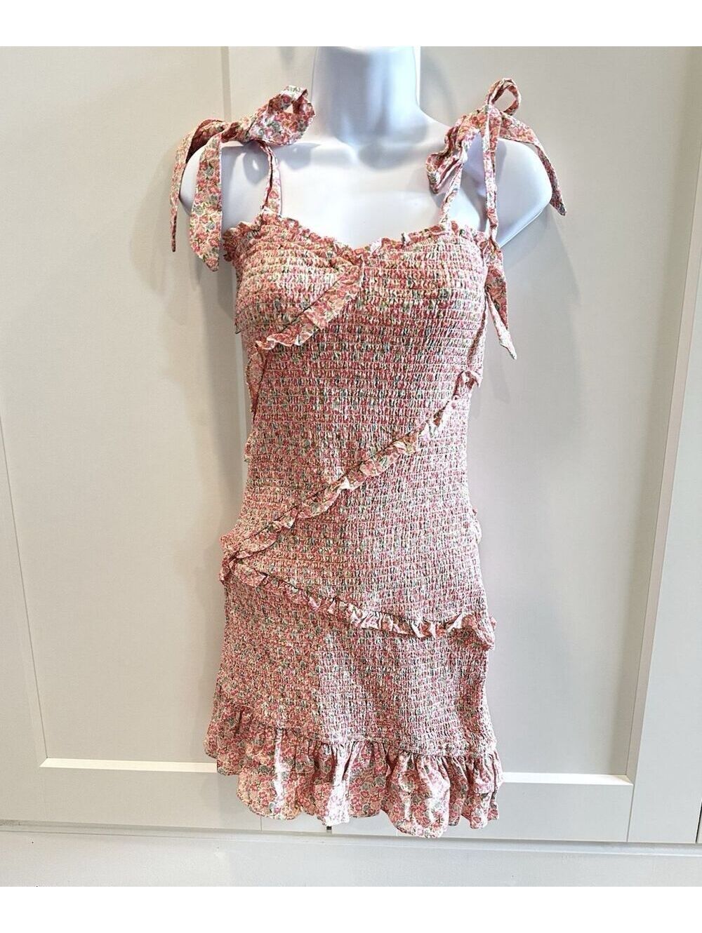 Sundress Coquette Ditsy Storia Dress Small Pink Smocked Ruffle 100% Cotton